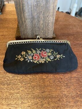 Black Floral Needlepoint Frame Clutch with Gold-Tone Trim